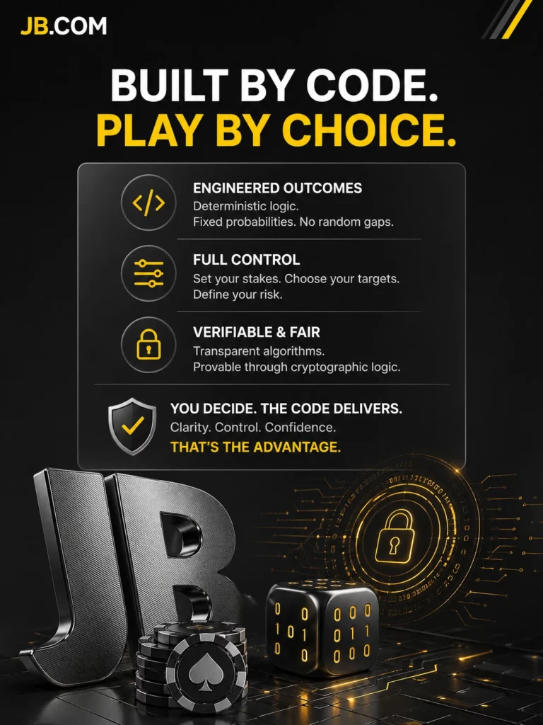JB casino fairness banner with code driven gameplay deterministic logic secure algorithms black gold premium poker chips dice