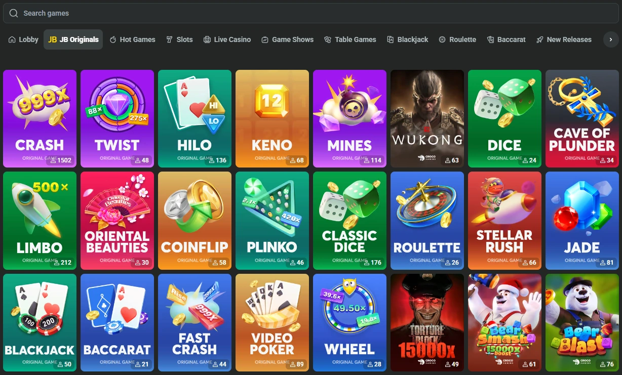 JB casino games lobby interface